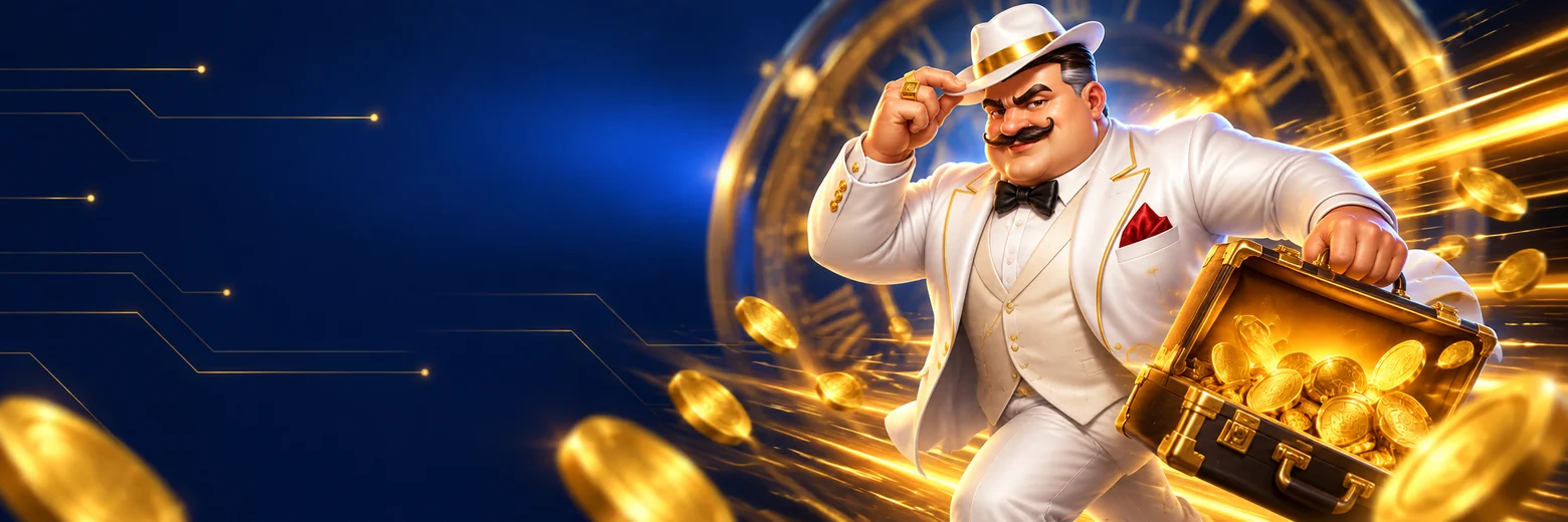 Host running past a giant gold clock with a briefcase full of coins and light streaks behind him