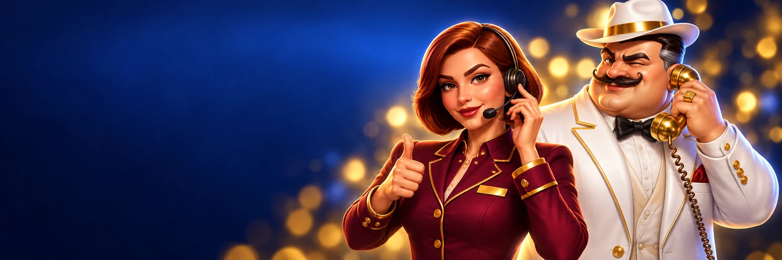 Concierge with a headset giving a thumbs-up while the host winks into a gold telephone receiver