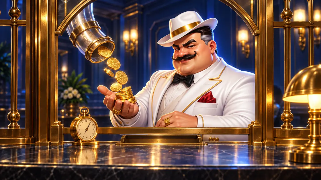 Host behind a brass cashier window catching gold coins from a glass tube next to a stopwatch