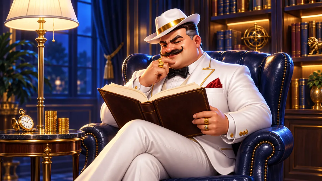 Host reading a leather-bound book in a blue armchair next to stacked coins and a pocket watch