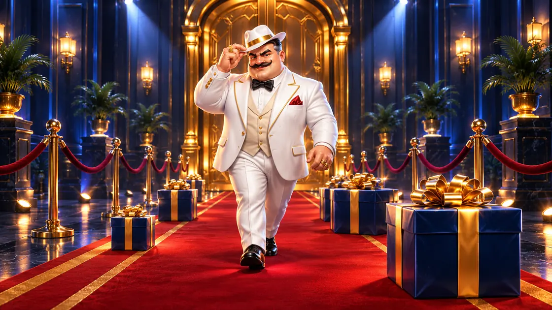 Host in a white suit tipping his hat on a red carpet lined with navy gift boxes tied in gold ribbon