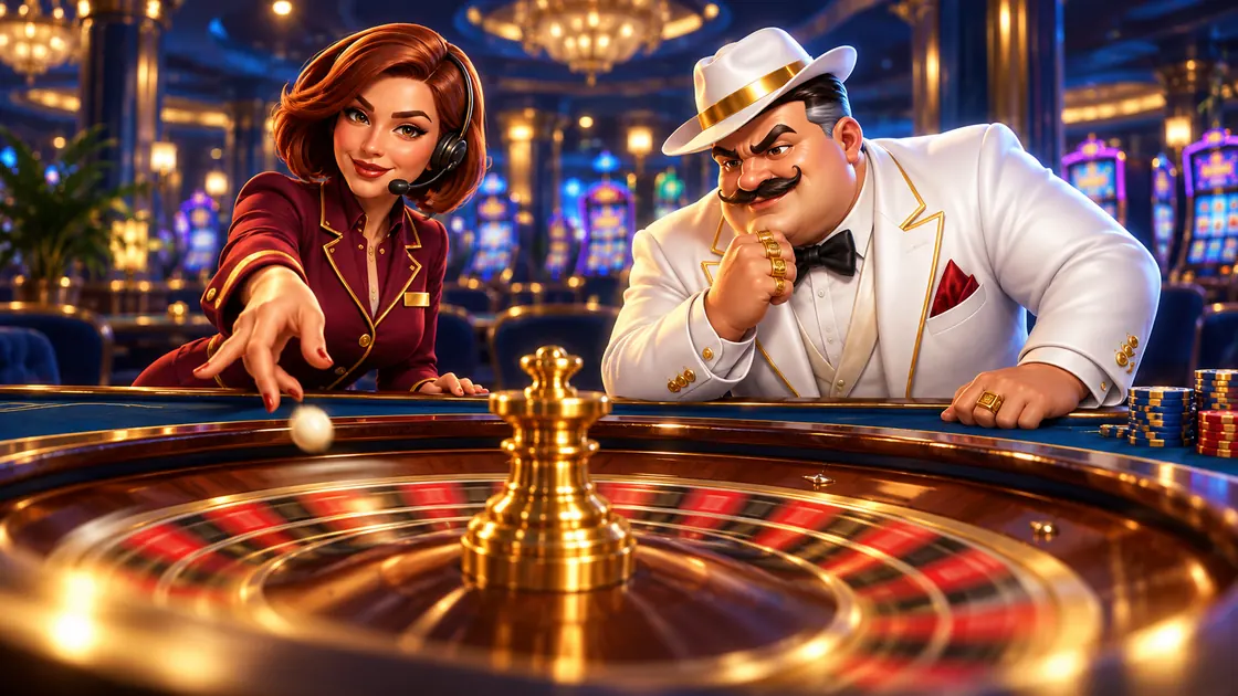 Concierge in a burgundy uniform spinning a roulette ball while the host watches from the table edge