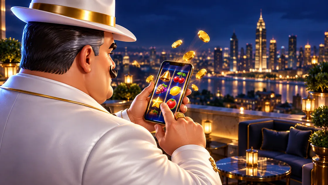 Host on a night terrace spinning fruit slot reels on a smartphone above a city skyline