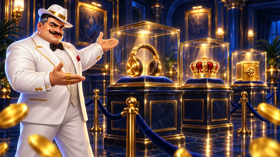 Gentleman host in a white suit presenting three glass display cases with gold headphones, a royal crown and a small safe